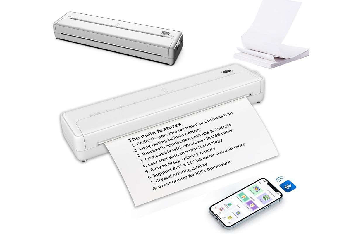 Portable Printer Wireless Bluetooth A4 Thermal Mobile Printer with 100Pcs Thermal Paper Inkless Printer V1263-JX-6375
