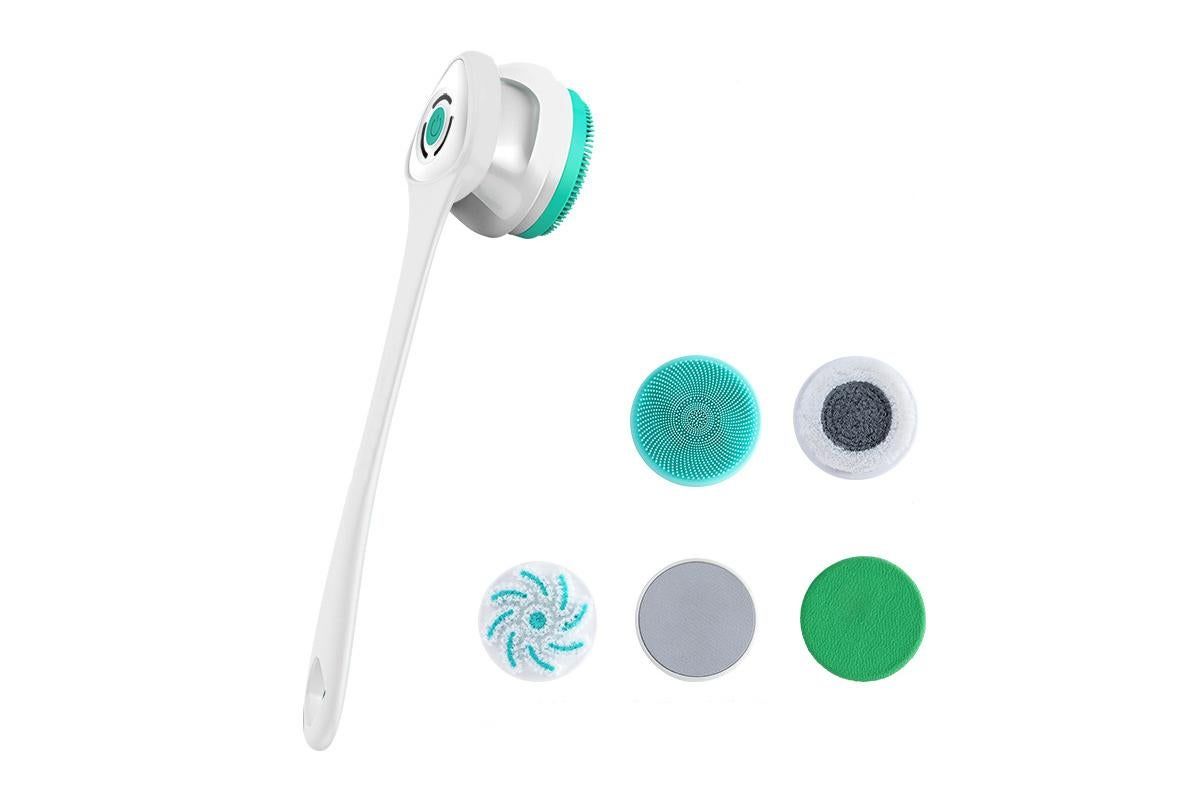 Electric Body Brush for Back with 5 Interchangeable Heads Long Handle for Spa Shower - Green V1263-JX-6500