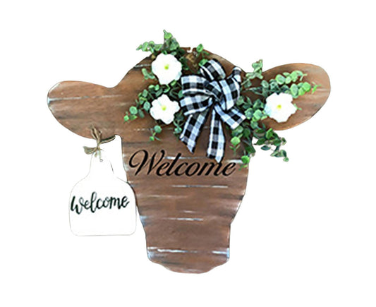 Welcome Porch Sign Cow Head Shaped DIY Craft Acrylic Ornamental Front Door Hanger for Home-Brown V1263-JX-651