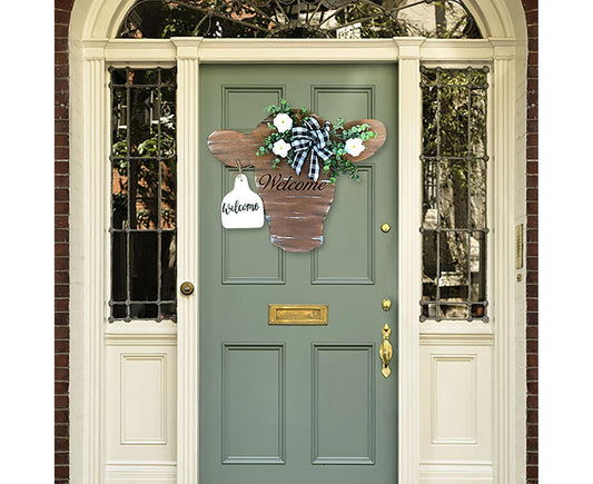 Welcome Porch Sign Cow Head Shaped DIY Craft Acrylic Ornamental Front Door Hanger for Home-Brown V1263-JX-651