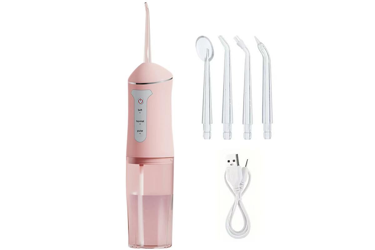 Cordless Portable Electric Water Flosser Teeth Cleaner Floss Irrigator With 4 Jet Tips - Pink V1263-JX-6528-1