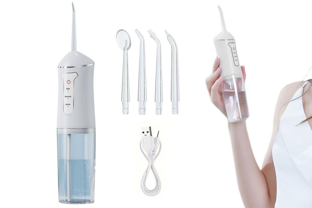 Cordless Portable Electric Water Flosser Teeth Cleaner Floss Irrigator With 4 Jet Tips - Pink V1263-JX-6528-1