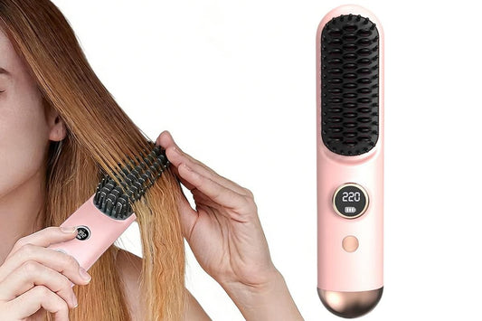 Cordless LCD Hair Straightening Brush 2-in-1 Portable Styling Tool for Travel - Pink V1263-JX-6541