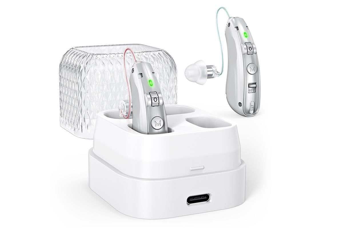 Smart Noise Reduction BTE Hearing Aid with Charging Case Rechargeable Sound Amplifier - Silver V1263-JX-6588-1