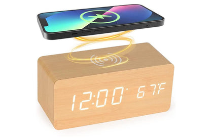 Digital Alarm Clock Wooden Table Desk Bedside LED Clock with Wireless Charger -Light Wood V1263-JX-6732-1