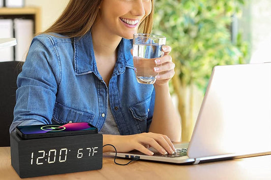 Digital Alarm Clock Wooden Table Desk Bedside LED Clock with Wireless Charger -Light Wood V1263-JX-6732-1
