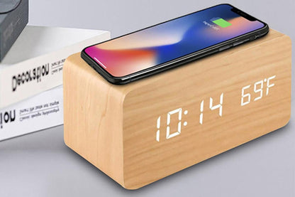 Digital Alarm Clock Wooden Table Desk Bedside LED Clock with Wireless Charger -Light Wood V1263-JX-6732-1