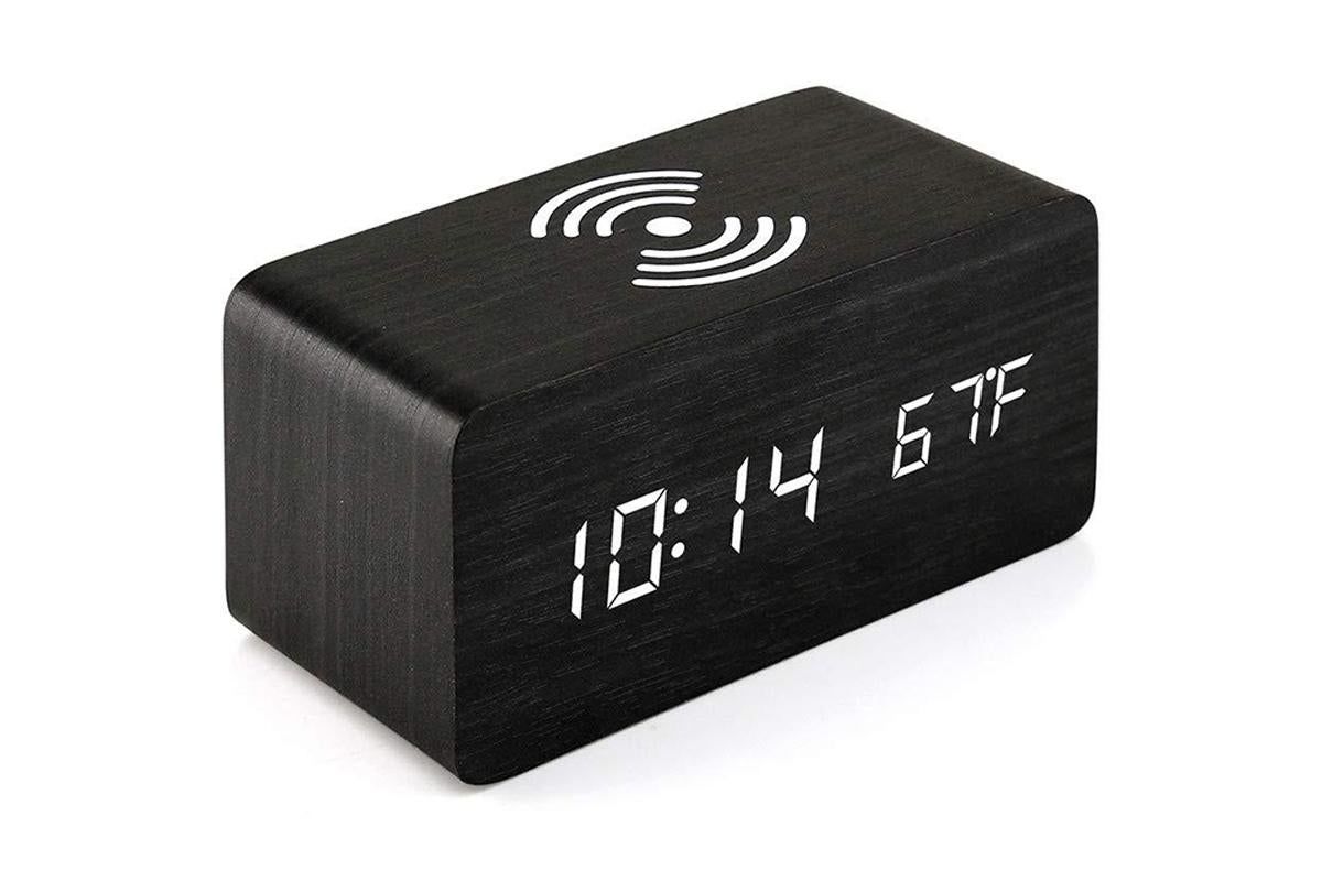 Digital Alarm Clock Wooden Table Desk Bedside LED Clock with Wireless Charger -Black V1263-JX-6732-2