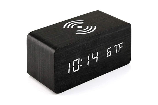 Digital Alarm Clock Wooden Table Desk Bedside LED Clock with Wireless Charger -Black V1263-JX-6732-2