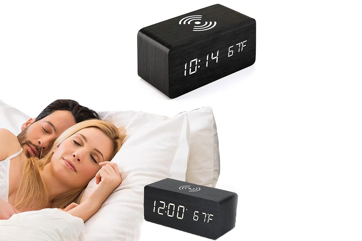 Digital Alarm Clock Wooden Table Desk Bedside LED Clock with Wireless Charger -Black V1263-JX-6732-2