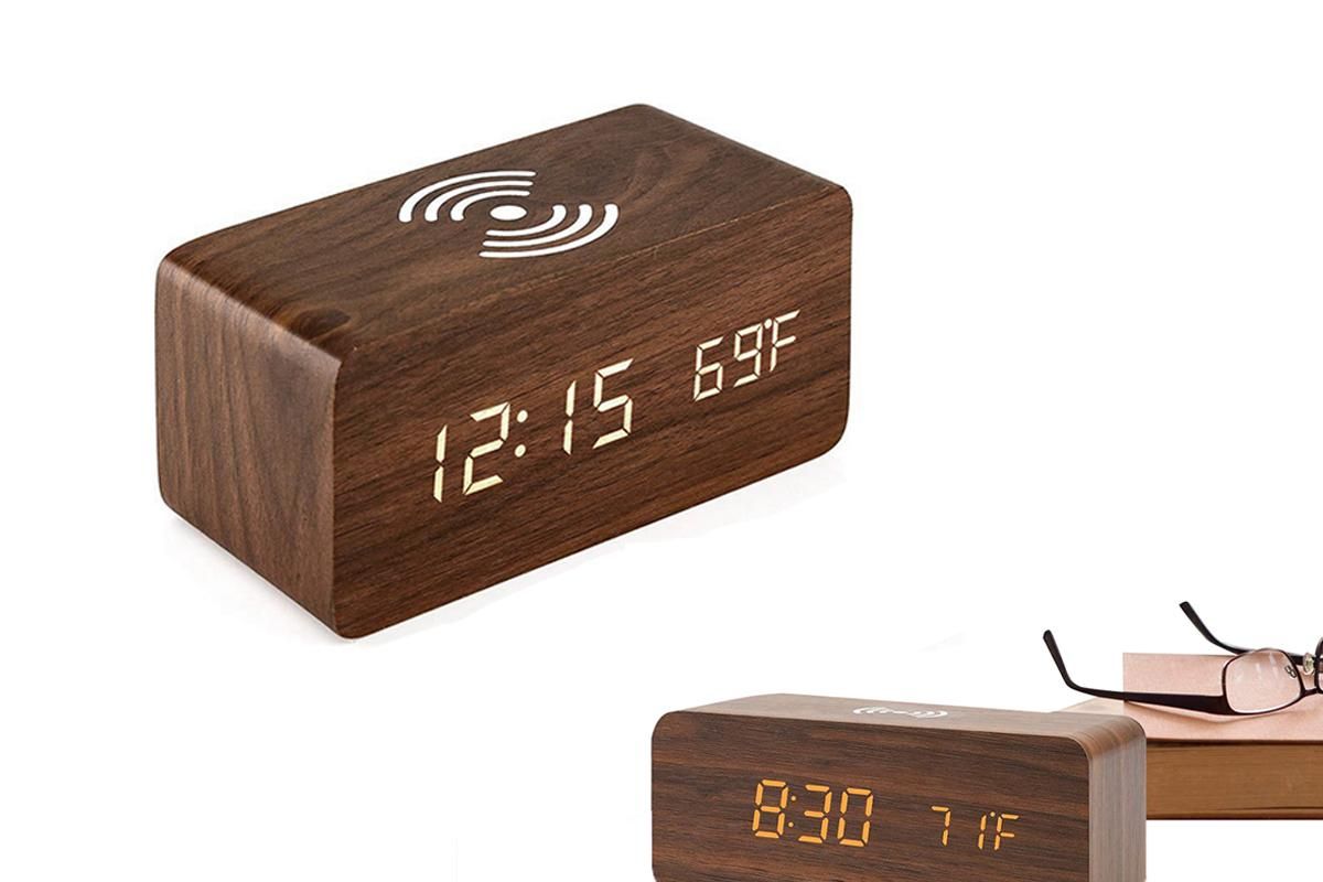 Digital Alarm Clock Wooden Table Desk Bedside LED Clock with Wireless Charger -Black V1263-JX-6732-2