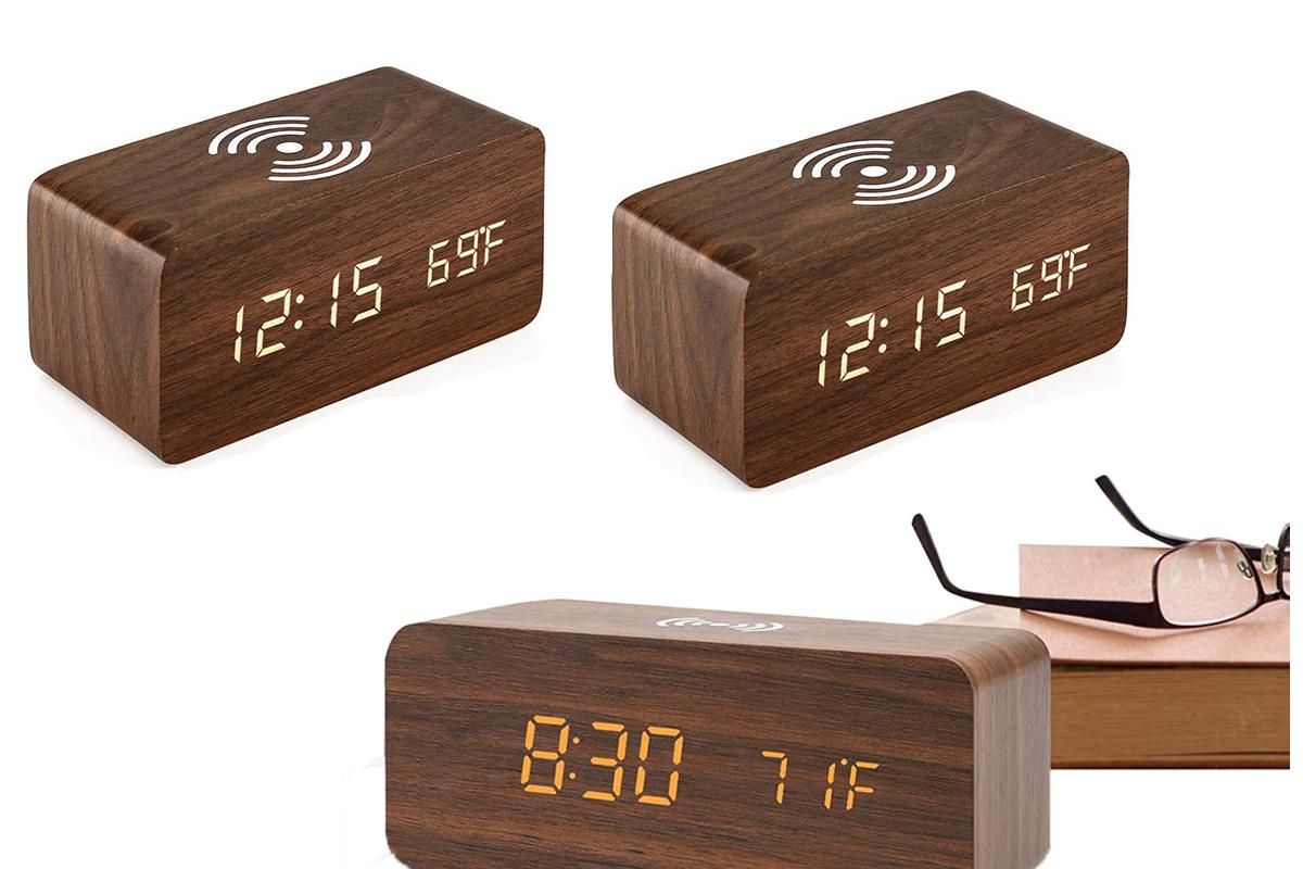 Digital Alarm Clock Wooden Table Desk Bedside LED Clock with Wireless Charger -Black V1263-JX-6732-2