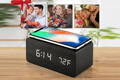 Digital Alarm Clock Wooden Table Desk Bedside LED Clock with Wireless Charger -Black V1263-JX-6732-2
