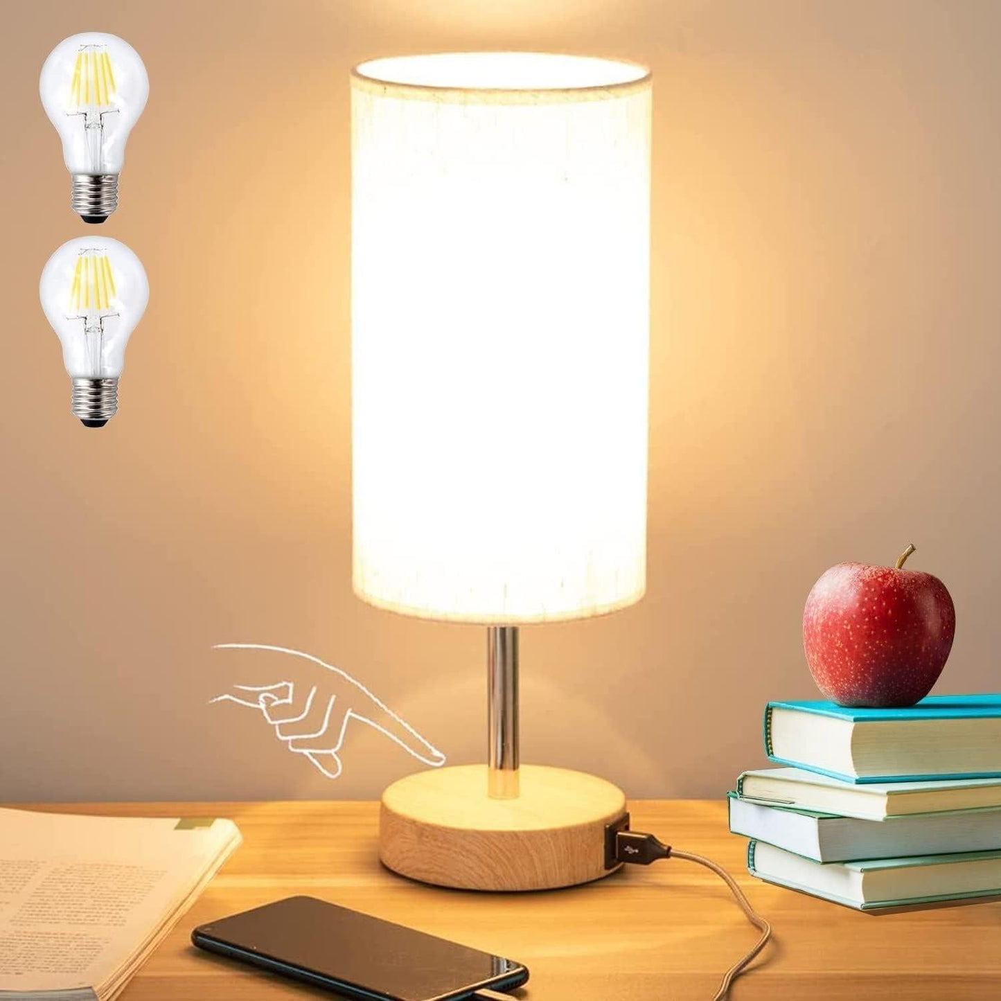 Bedside Table Lamp for Bedroom Minimalist Nightstand Lamp with Square Fabric Shade Reading Desk Lamp Night V1263-JX-6736