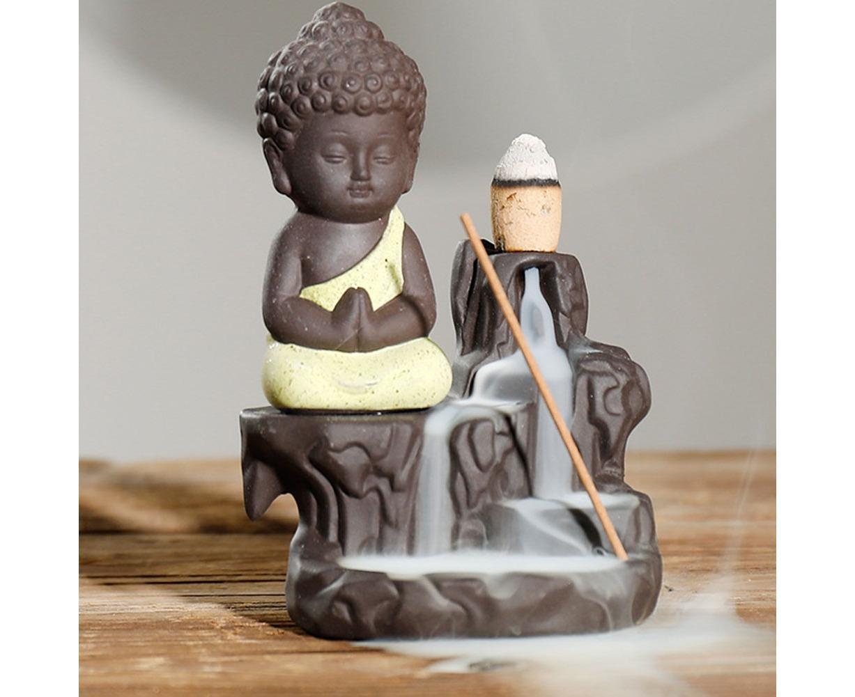 Monk Ceramic Buddha Incense Backflow Burner Cones Home Teahouse Table Decor-Yellow V1263-JX-678