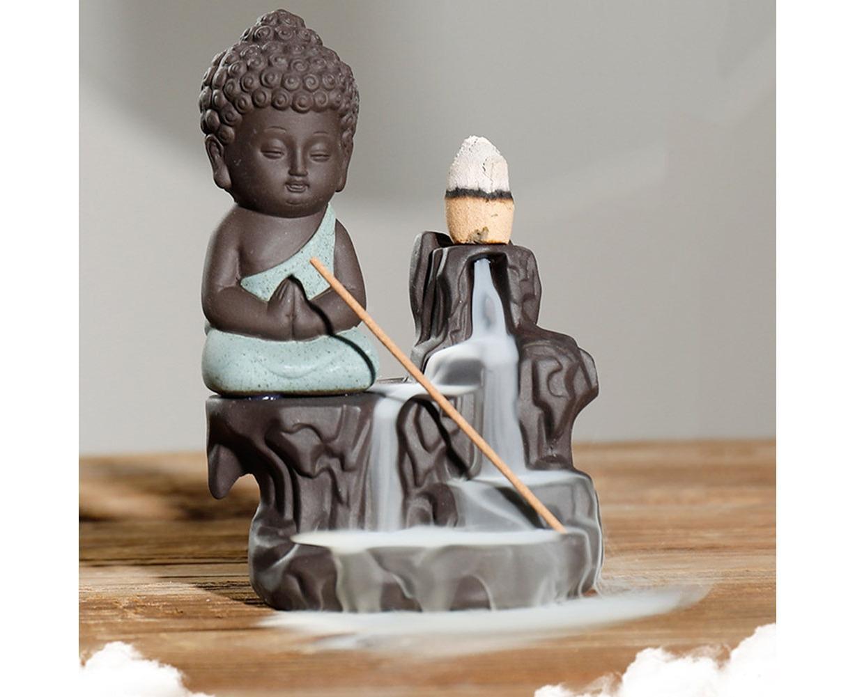 Monk Ceramic Buddha Incense Backflow Burner Cones Home Teahouse Table Decor-Yellow V1263-JX-678