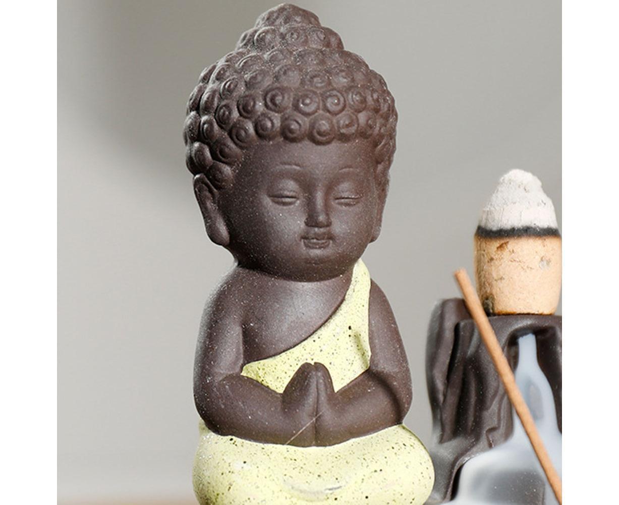 Monk Ceramic Buddha Incense Backflow Burner Cones Home Teahouse Table Decor-Yellow V1263-JX-678