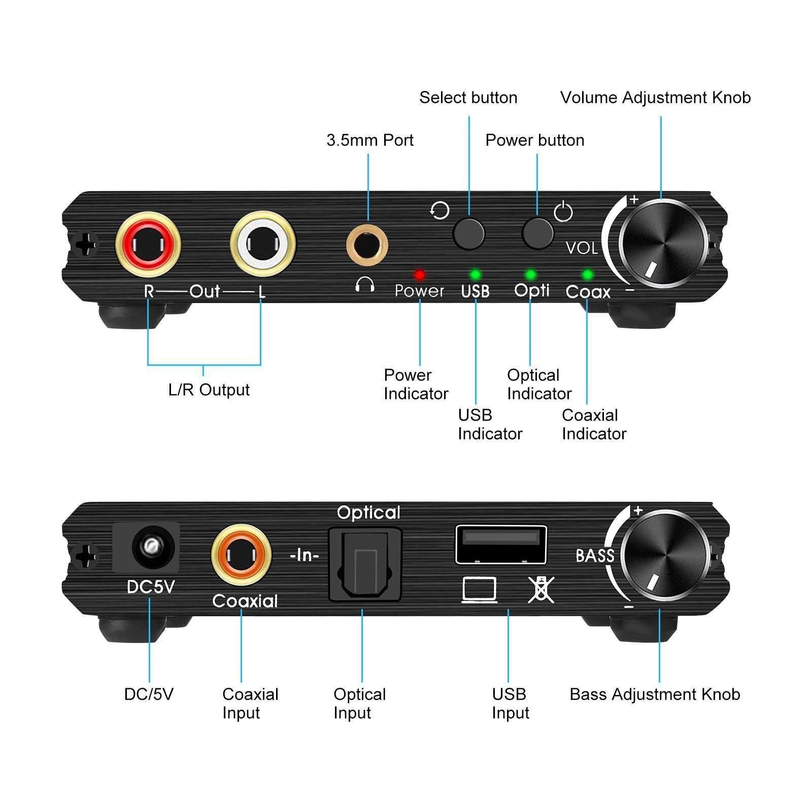 AY107 Digital to Analog Converter Optical Fiber Analog Audio Decoder USB Sound Card Digital Audio Converter V1263-JX-6787