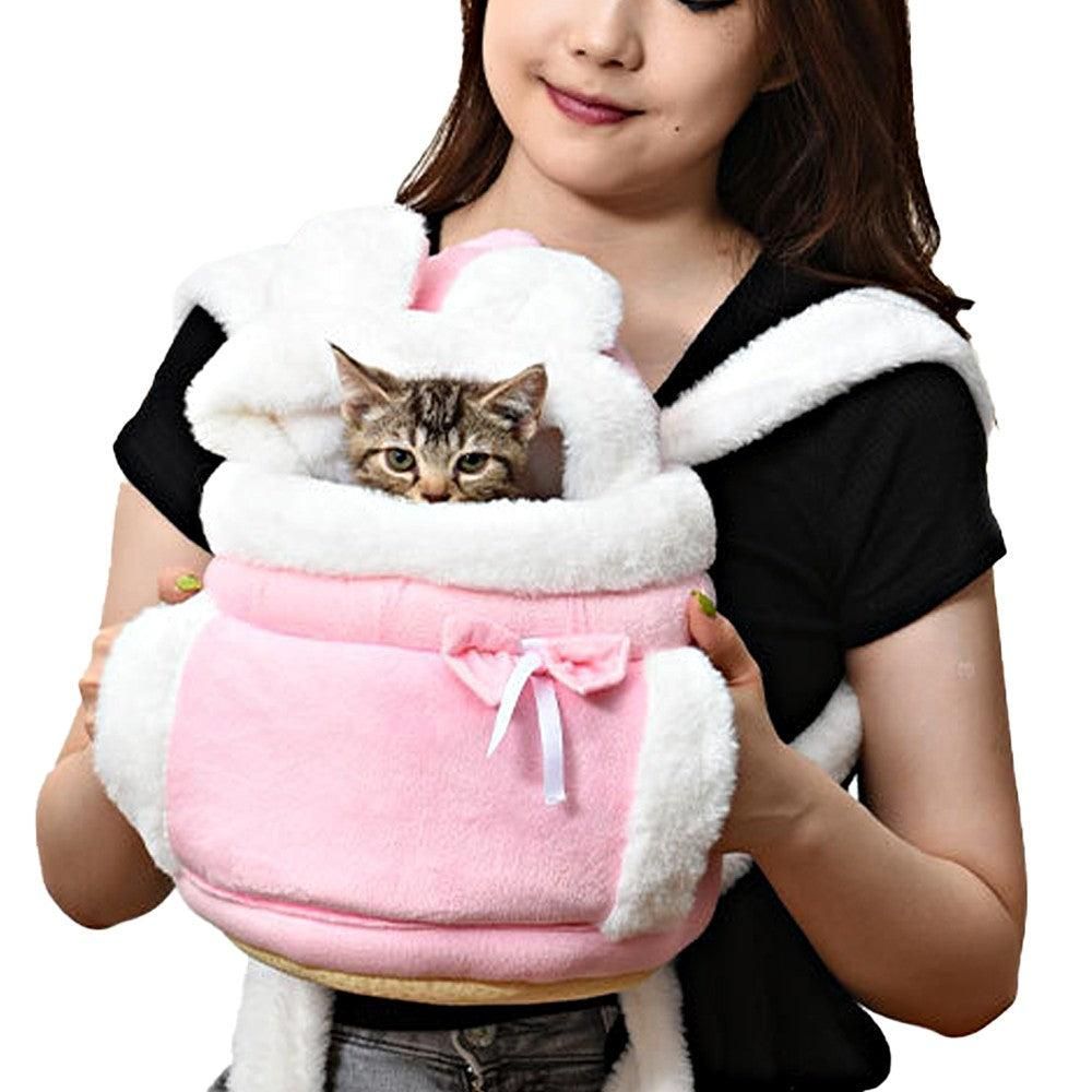 Plush Pet Carrier Backpack Pet Warm Bag with Hand Warmer Pocket Pink - M V1263-JX-6843-2