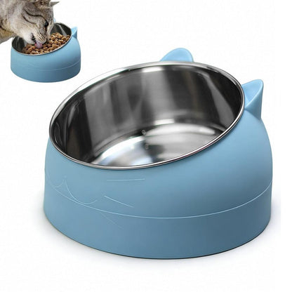 400ml Stainless Steel Tilted Pet Bowl - Non-Slip Raised Feeder for Cats & Dogs Blue V1263-JX-6887