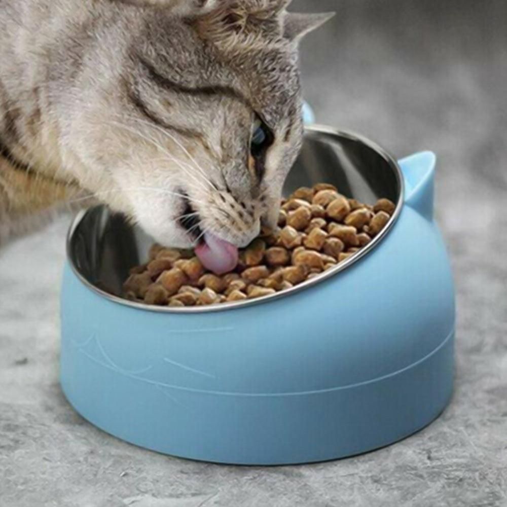 400ml Stainless Steel Tilted Pet Bowl - Non-Slip Raised Feeder for Cats & Dogs Blue V1263-JX-6887