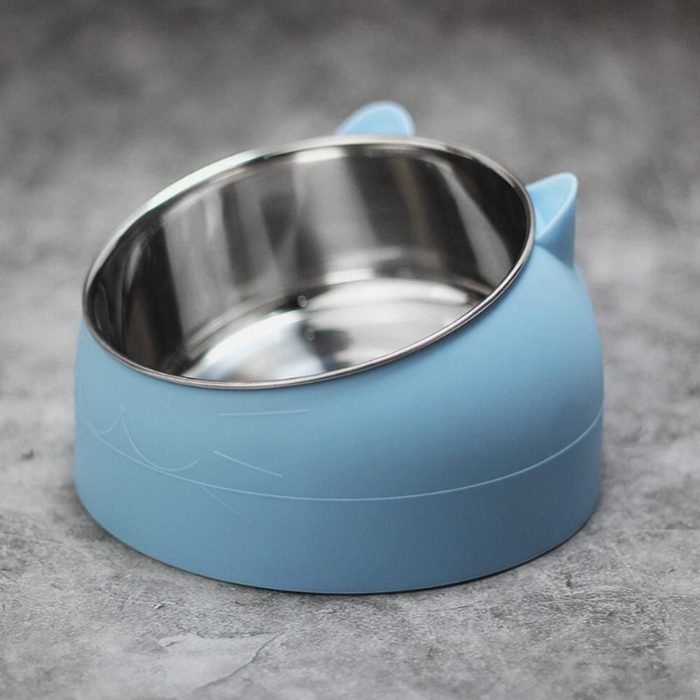 400ml Stainless Steel Tilted Pet Bowl - Non-Slip Raised Feeder for Cats & Dogs Blue V1263-JX-6887