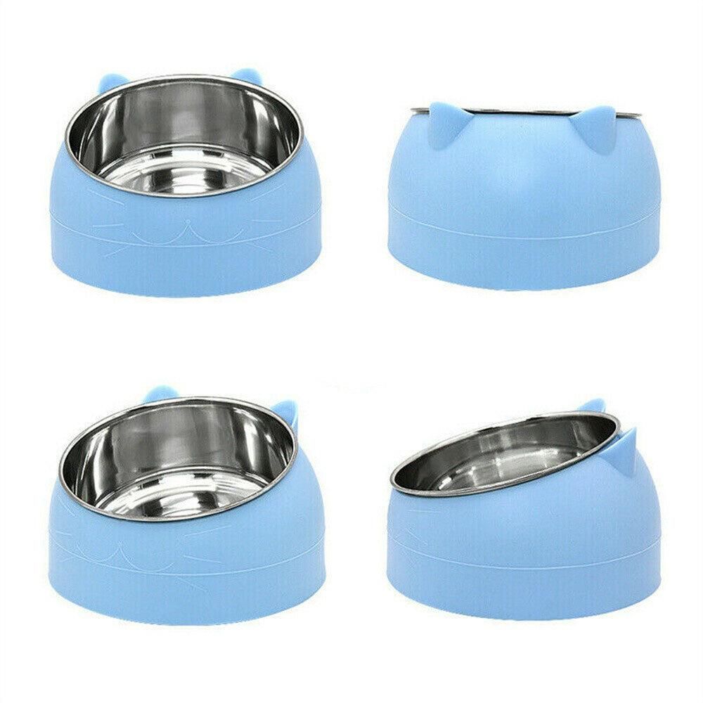 400ml Stainless Steel Tilted Pet Bowl - Non-Slip Raised Feeder for Cats & Dogs Blue V1263-JX-6887