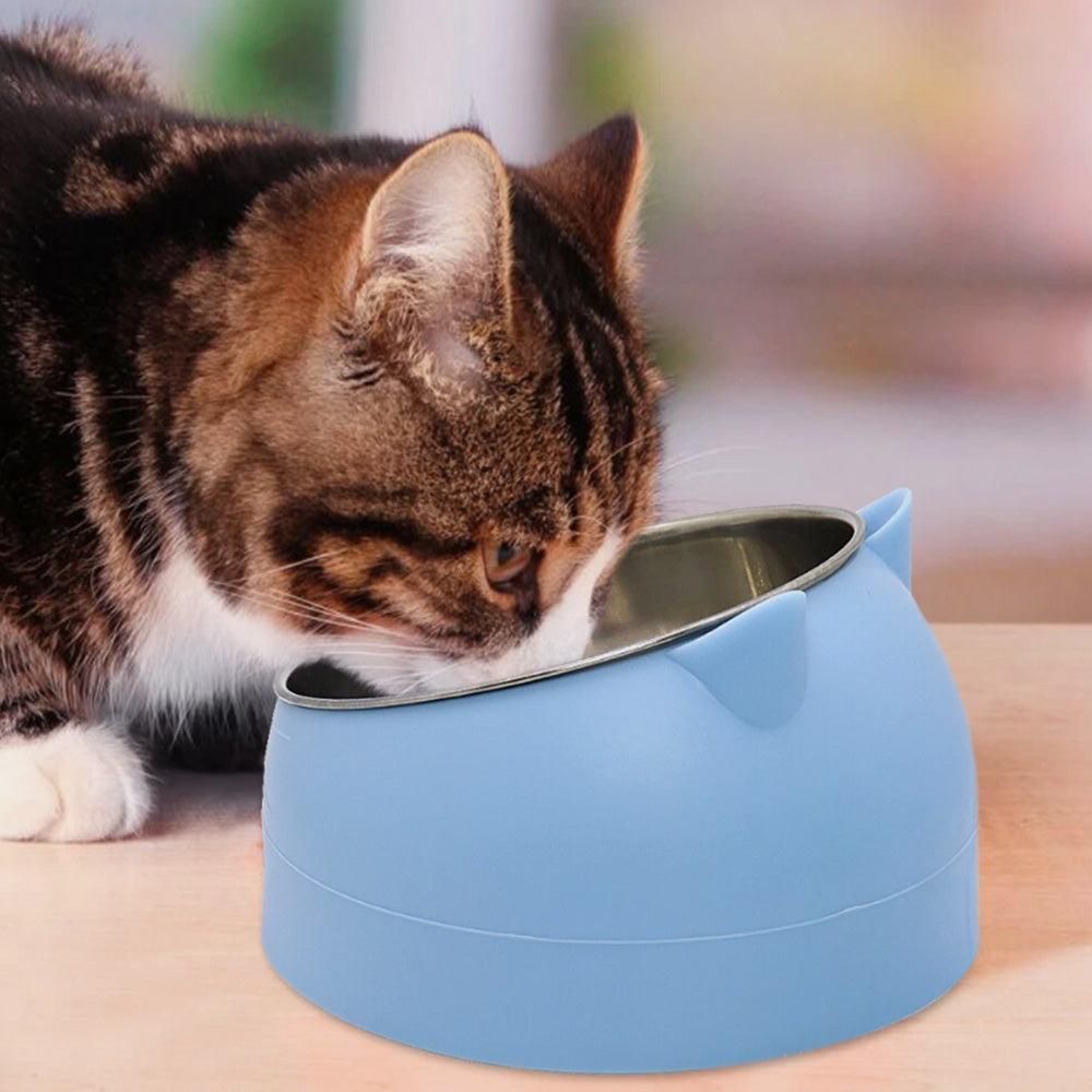 400ml Stainless Steel Tilted Pet Bowl - Non-Slip Raised Feeder for Cats & Dogs Blue V1263-JX-6887