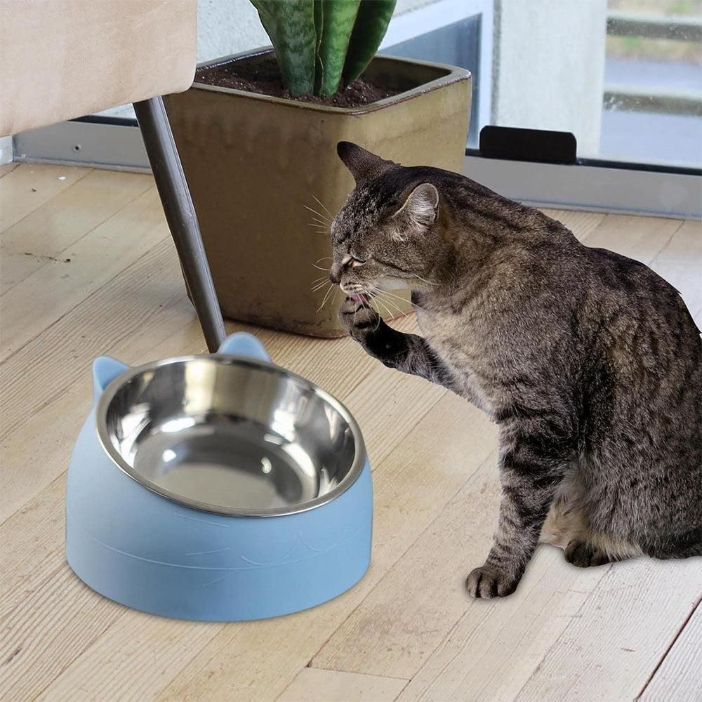 400ml Stainless Steel Tilted Pet Bowl - Non-Slip Raised Feeder for Cats & Dogs Blue V1263-JX-6887