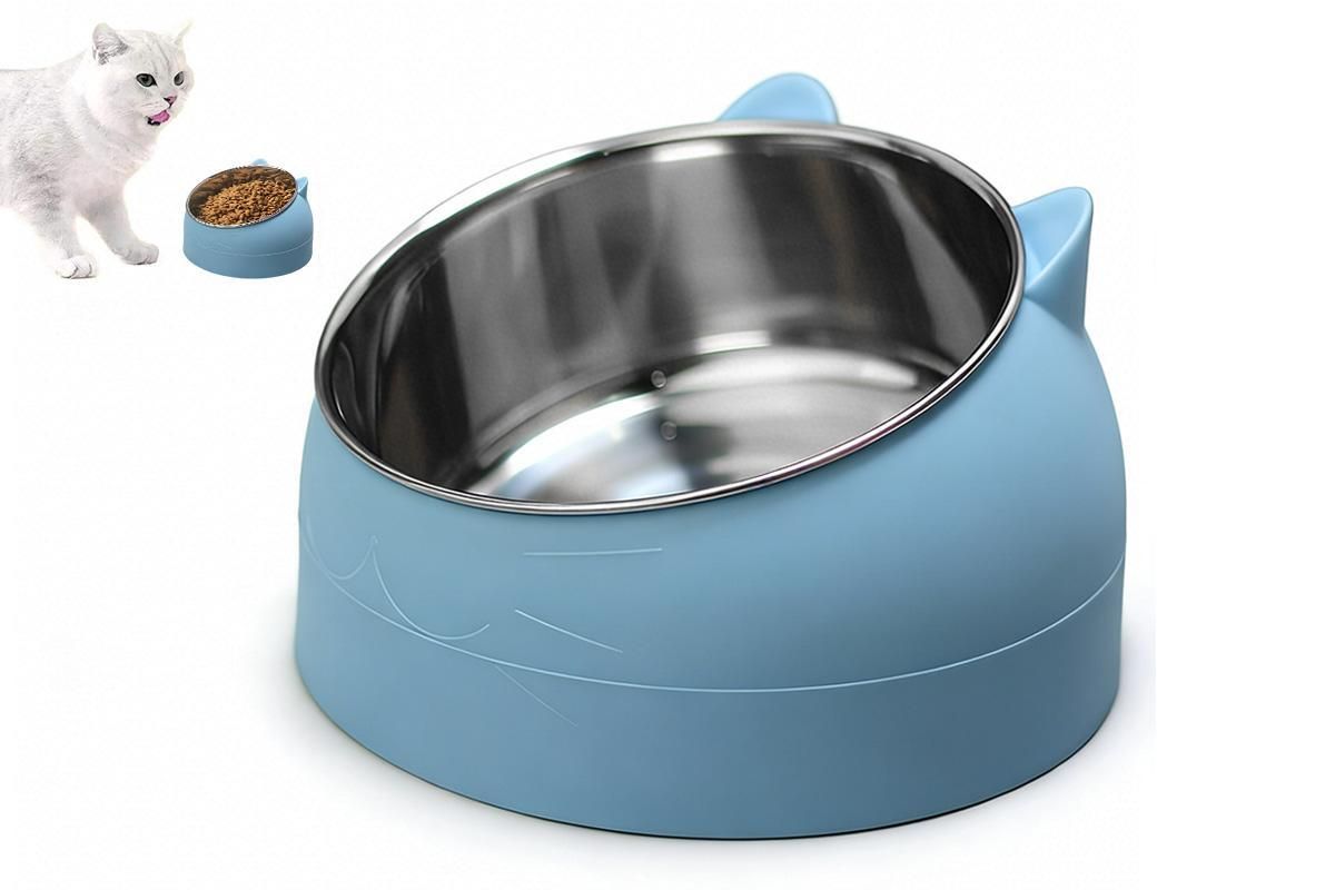 400ml Stainless Steel Tilted Pet Bowl - Non-Slip Raised Feeder for Cats & Dogs Blue V1263-JX-6887