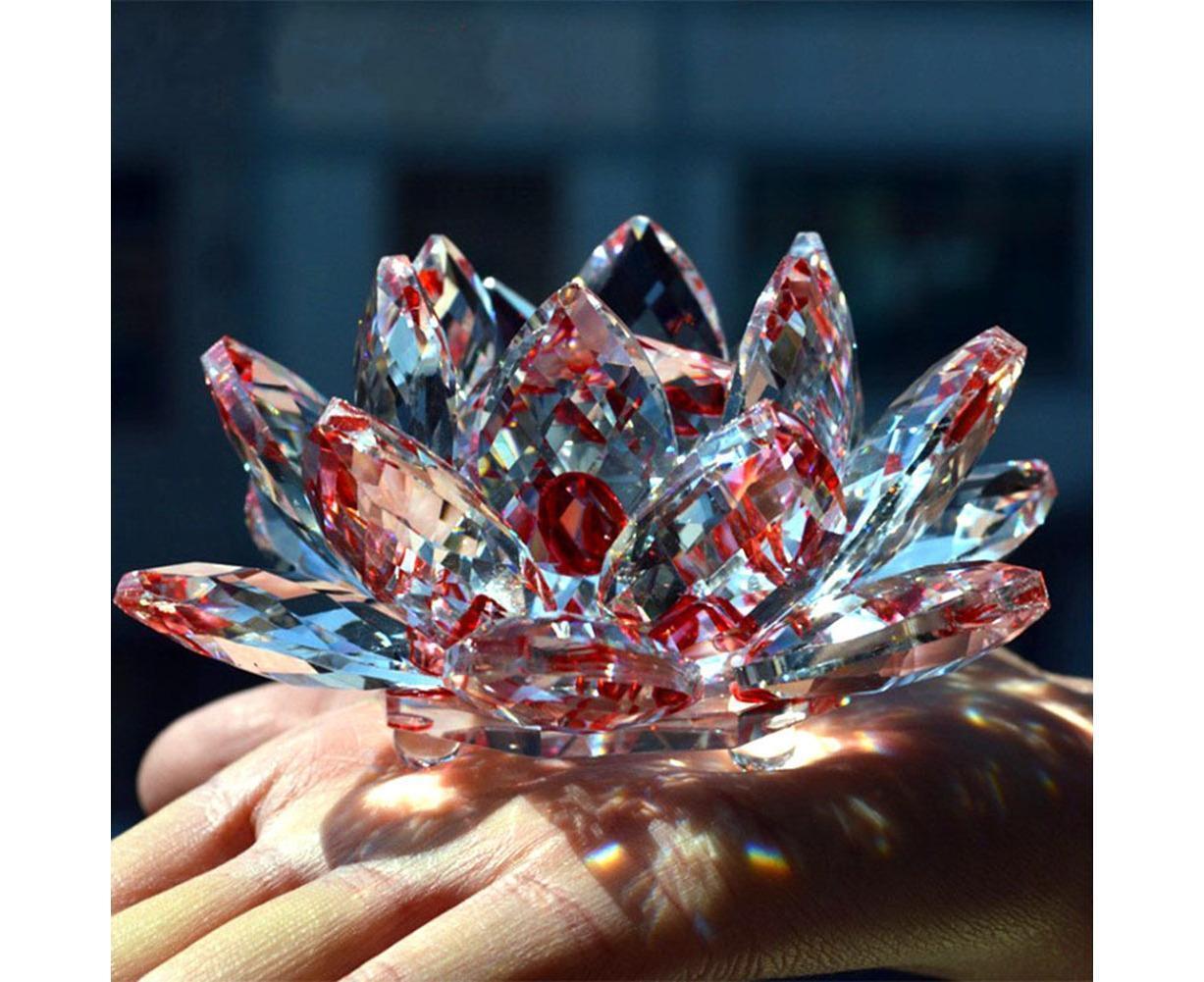 Artificial Quartz Crystal Lotus Flower Figurine Wedding Party Decor Souvenir-Red V1263-JX-689