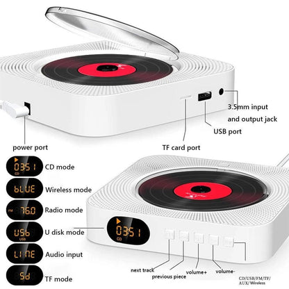 Wall-Mount Bluetooth CD Player LCD Display Music Player Home Audio Boombox White V1263-JX-6959