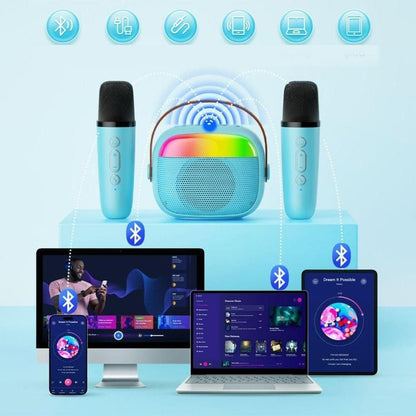 Mini Karaoke Machine with 2 Wireless Microphones Portable Bluetooth Speaker Singing Machine Blue V1263-JX-6969-1