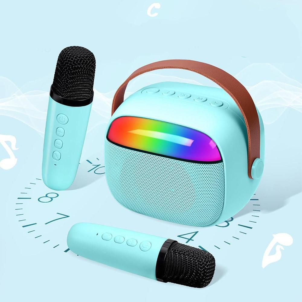 Mini Karaoke Machine with 2 Wireless Microphones Portable Bluetooth Speaker Singing Machine Blue V1263-JX-6969-1