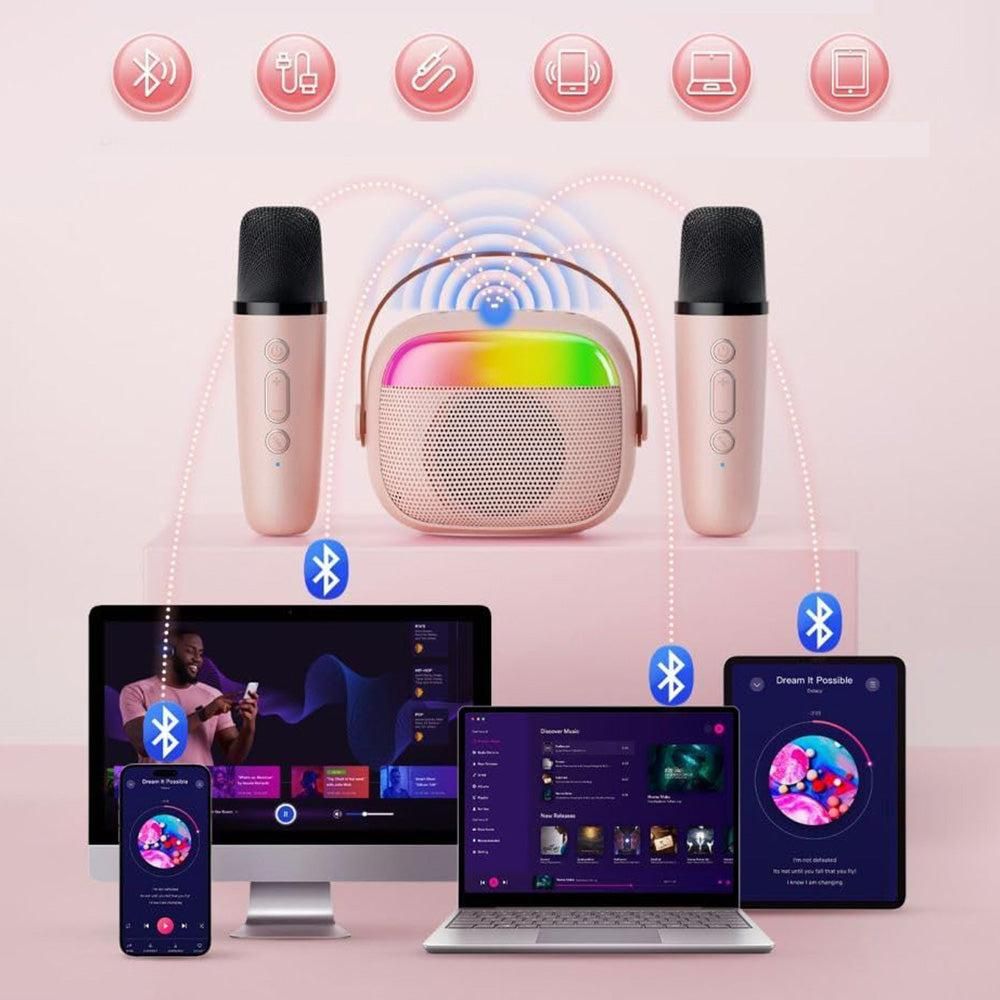 Mini Karaoke Machine with 2 Wireless Microphones Portable Bluetooth Speaker Singing Machine Pink V1263-JX-6969-2