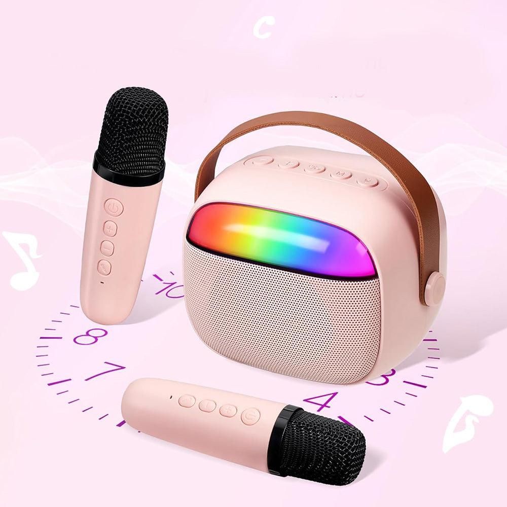 Mini Karaoke Machine with 2 Wireless Microphones Portable Bluetooth Speaker Singing Machine Pink V1263-JX-6969-2