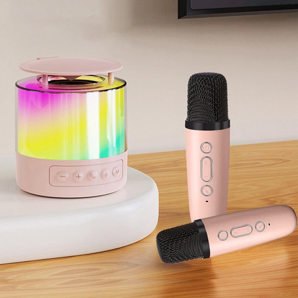 Bluetooth Karaoke Machine with 2 Wireless Microphones Mini Singing Speaker with Colorful Light Pink V1263-JX-6974-2