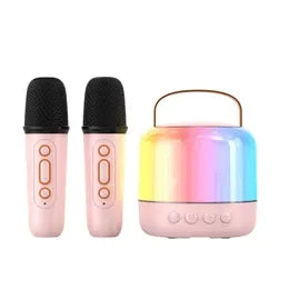 Bluetooth Karaoke Machine with 2 Wireless Microphones Mini Singing Speaker with Colorful Light Pink V1263-JX-6974-2
