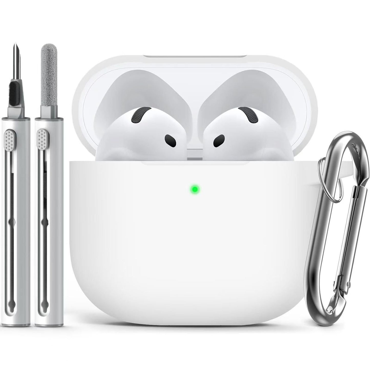 Compatible with Apple Airpods 4 Silicone Full Case Keychain and Cleaner Kit White V1263-JX-7004