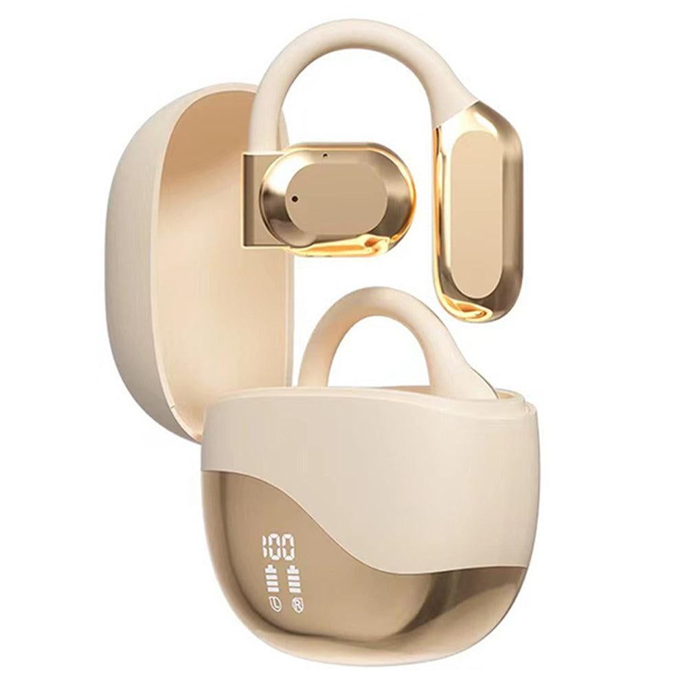 Open Ear Headphone Bluetooth Wireless Earbud Sport Over Ear Earhooks LED Power Display Earphone Beige V1263-JX-7063
