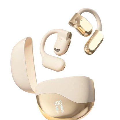 Open Ear Headphone Bluetooth Wireless Earbud Sport Over Ear Earhooks LED Power Display Earphone Beige V1263-JX-7063