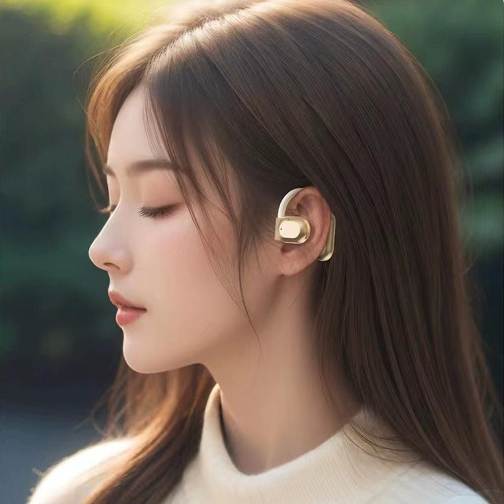 Open Ear Headphone Bluetooth Wireless Earbud Sport Over Ear Earhooks LED Power Display Earphone Beige V1263-JX-7063