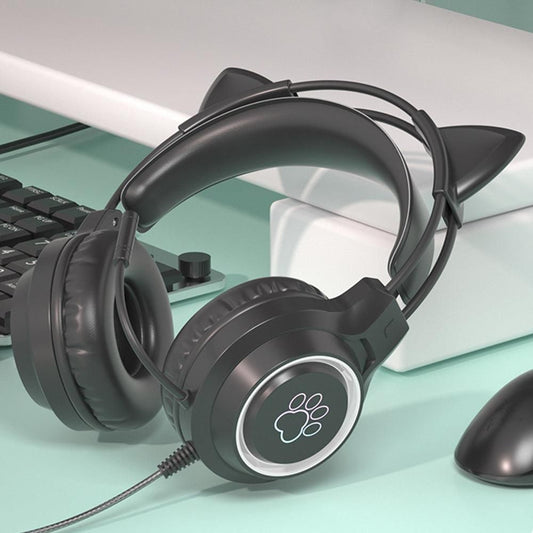 RGB Lighting Gaming Headset Cat Ear Headphone with Microphone Black V1263-JX-7069-2