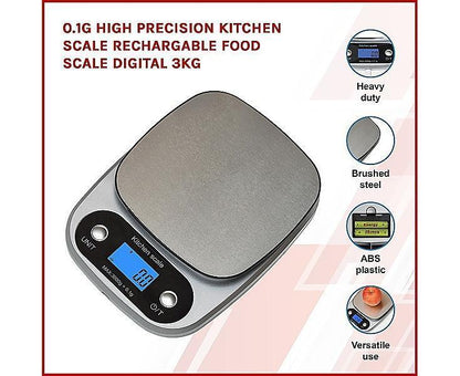 0.1g High Precision Kitchen Scale Rechargable Food Scale Digital 3KG One Size V1263-JX-708