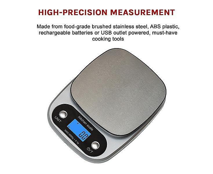 0.1g High Precision Kitchen Scale Rechargable Food Scale Digital 3KG One Size V1263-JX-708