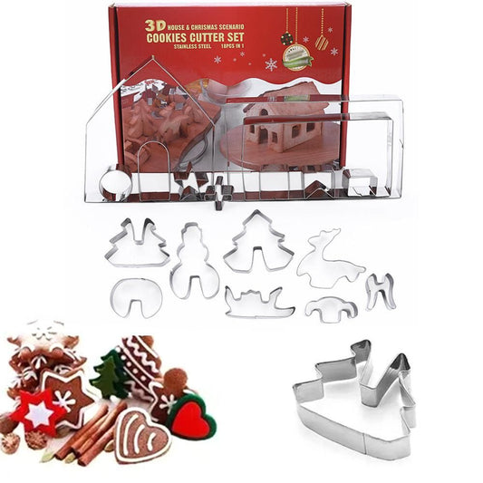 18PCS Stainless Steel Christmas Cookie Cutter Set with 3D Gingerbread House Shapes V1263-JX-7136