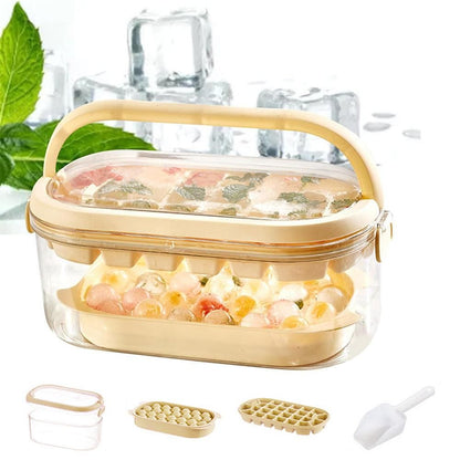 2-Tier Ice Cube Tray Mold with Press-Release Lid & Storage Box for Kitchen Beige V1263-JX-7139