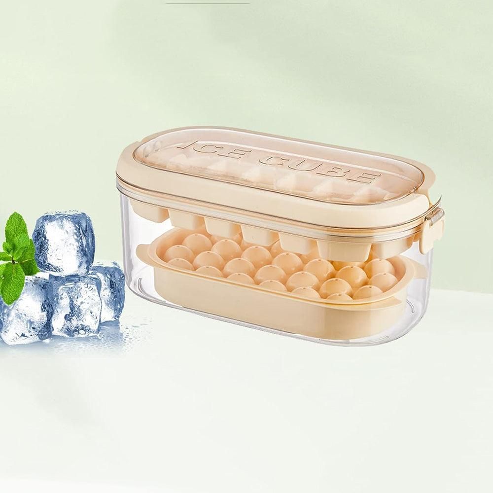 2-Tier Ice Cube Tray Mold with Press-Release Lid & Storage Box for Kitchen Beige V1263-JX-7139