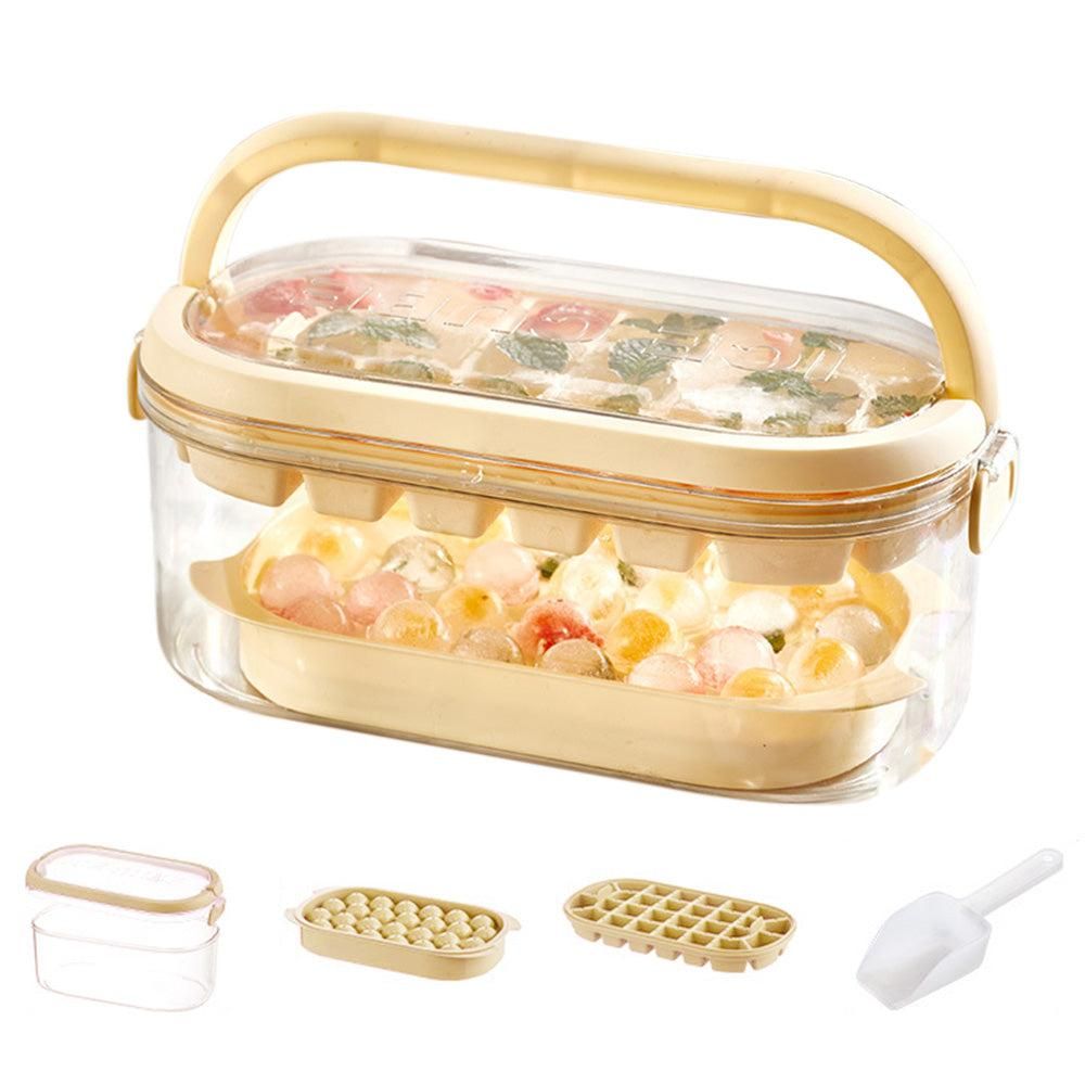 2-Tier Ice Cube Tray Mold with Press-Release Lid & Storage Box for Kitchen Beige V1263-JX-7139