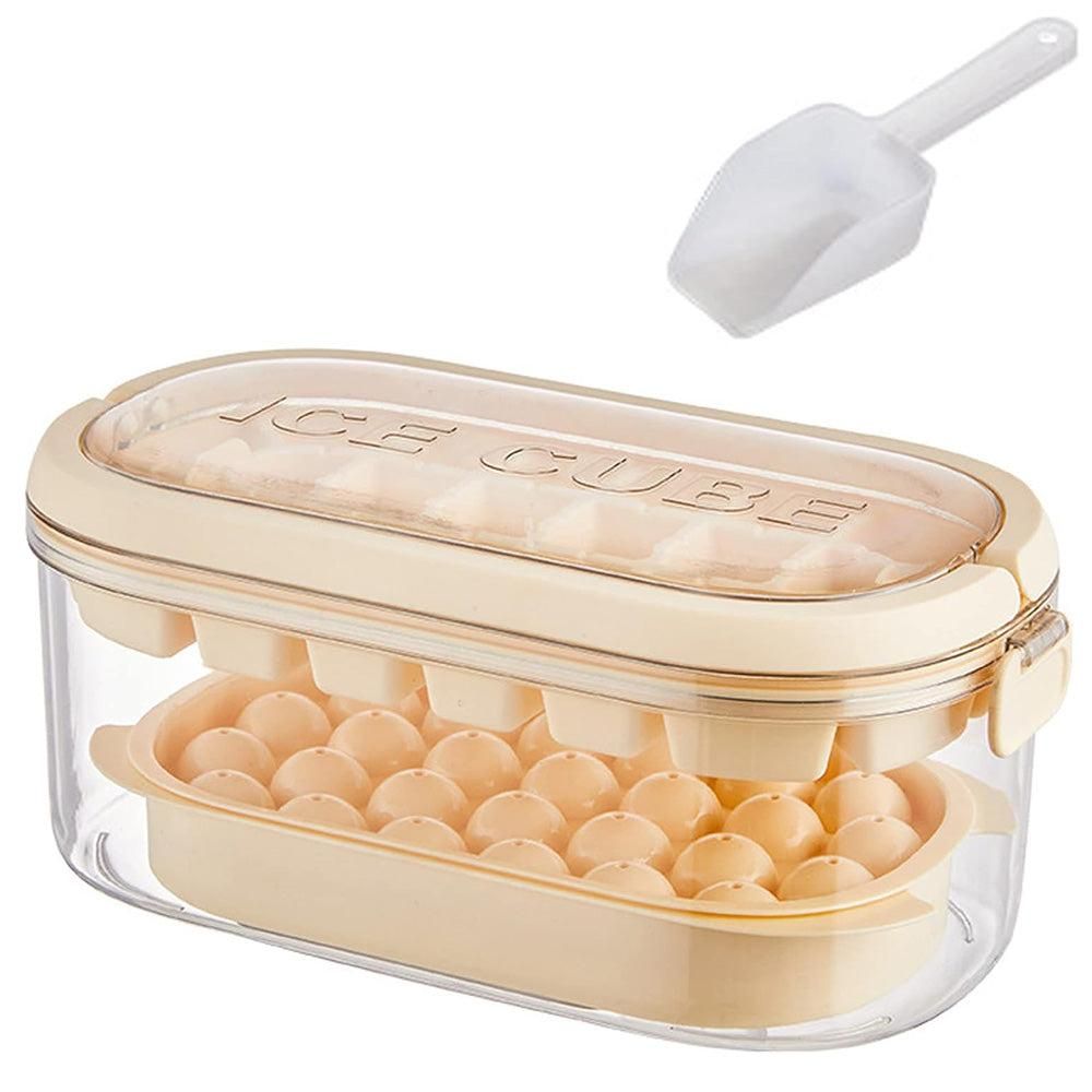 2-Tier Ice Cube Tray Mold with Press-Release Lid & Storage Box for Kitchen Beige V1263-JX-7139